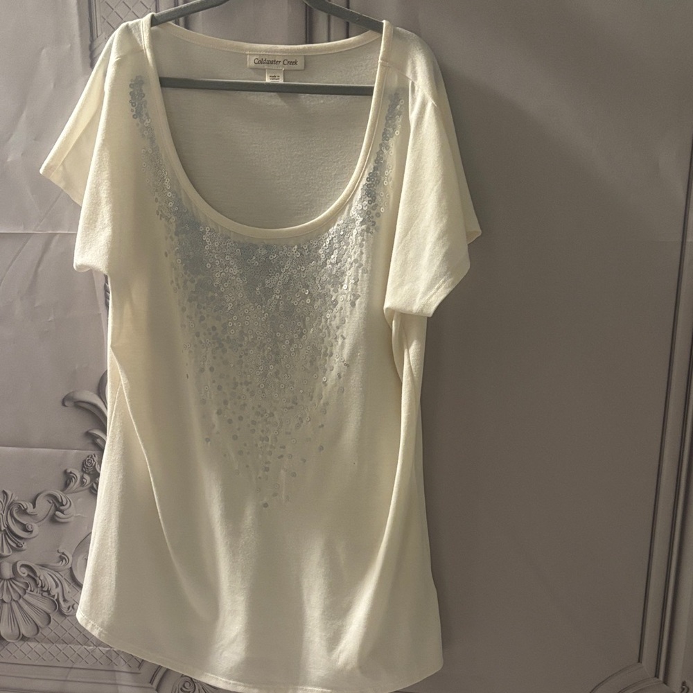 Coldwater Creek Cream Sequin Tee Size Small